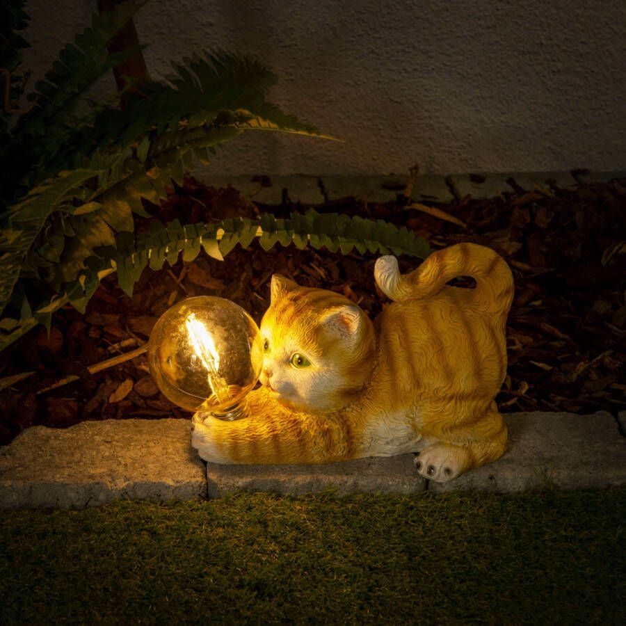 Näve Led-solarlamp Kat leuke gestreepte kat met verlichte bol en warmwit licht (1 stuk) - Foto 1