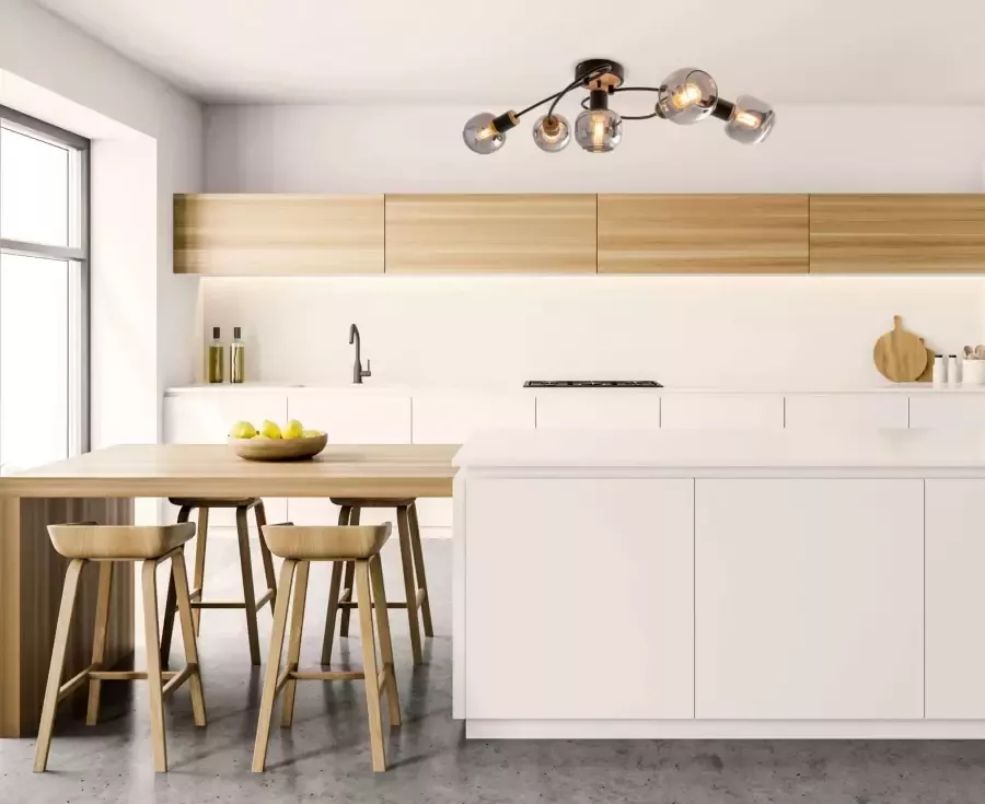 Näve Plafondlamp Fumoso 5-vlamig e14 glazen donker getint gebogen vorm zwart natuur (1 stuk)