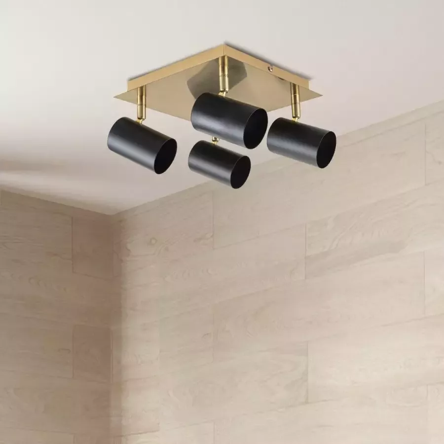 Näve Plafondspot Frida 4-vlg. gu10 spot zwart mat baldakijn messing vierkant (1 stuk)