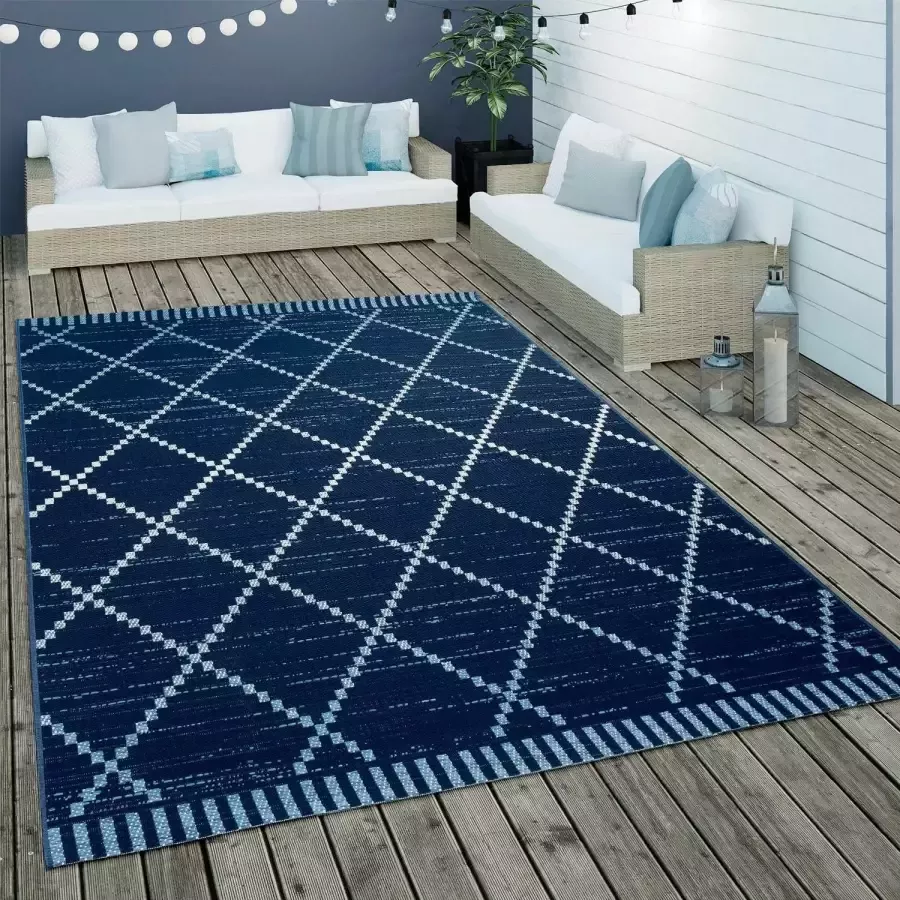 Paco Home Buiten Vloerkleed Platweefsel Ethno Geometrisch Scandinavisch Ontwerp In Blauw Wit 120x170 cm - Foto 3