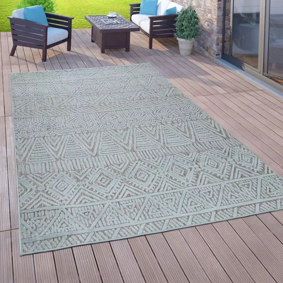 Paco Home Vloerkleed voor binnen en buiten voor balkon en terras platweefsel 3D-etnolook turquoise 160x220 cm - Foto 4