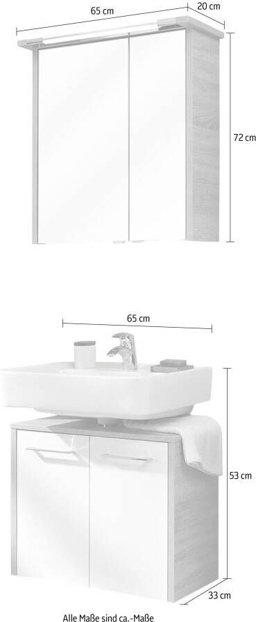 Saphir Badkamerserie Quickset 382 2-delig wastafelonderkast met led-spiegelkast 65 cm breed incl. deurdemper 4 deuren 2 legplanken badkamer set (2-delig) - Foto 6