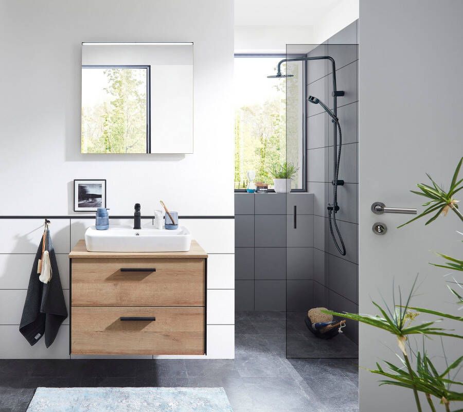 Saphir Badkamerserie Quickset 395 2-delig keramieken opzetwasbak met led-spiegel Wastafelmeubel 73 cm breed 2 laden wastafelblad badkameraccessoireset (4-delig) - Foto 6