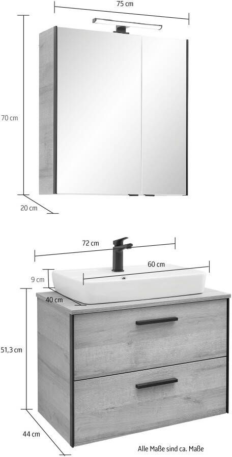 Saphir Badkamerserie Quickset 395 2-delig keramieken opzetwasbak met led-spiegelkast Wastafelmeubel 73 cm breed 2 laden wastafelblad badkameraccessoireset (4-delig) - Foto 11