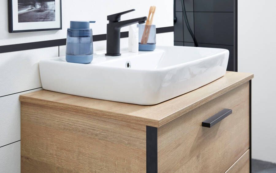 Saphir Badkamerserie Quickset 395 2-delig keramieken opzetwasbak met led-spiegelkast Wastafelmeubel 73 cm breed 2 laden wastafelblad badkameraccessoireset (4-delig) - Foto 9