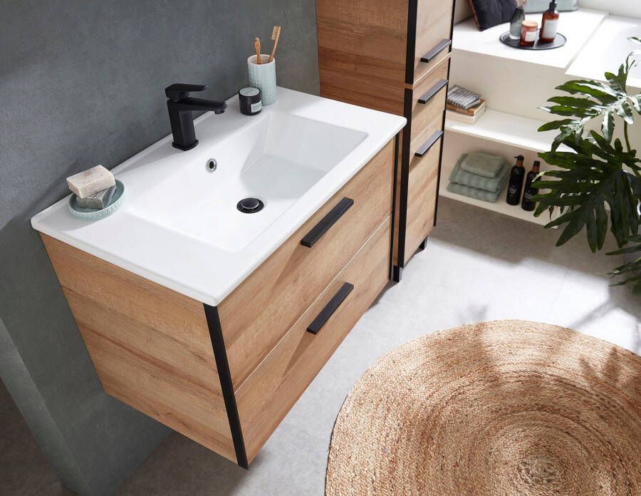 Saphir Badkamerserie Quickset 395 3-delig keramieken wastafel met led-spiegel Middel kast incl. deurdemper 2 deuren 3 lades badkamer set (5-delig) - Foto 6