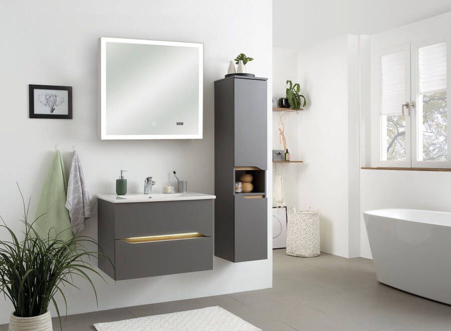 Saphir Badkamerserie Quickset 3-delig keramieken wastafelonderkast met led-spiegel met halfhoge kast inclusief deurdemper 2 deuren 1 nis 2 laden (5-delig) - Foto 4