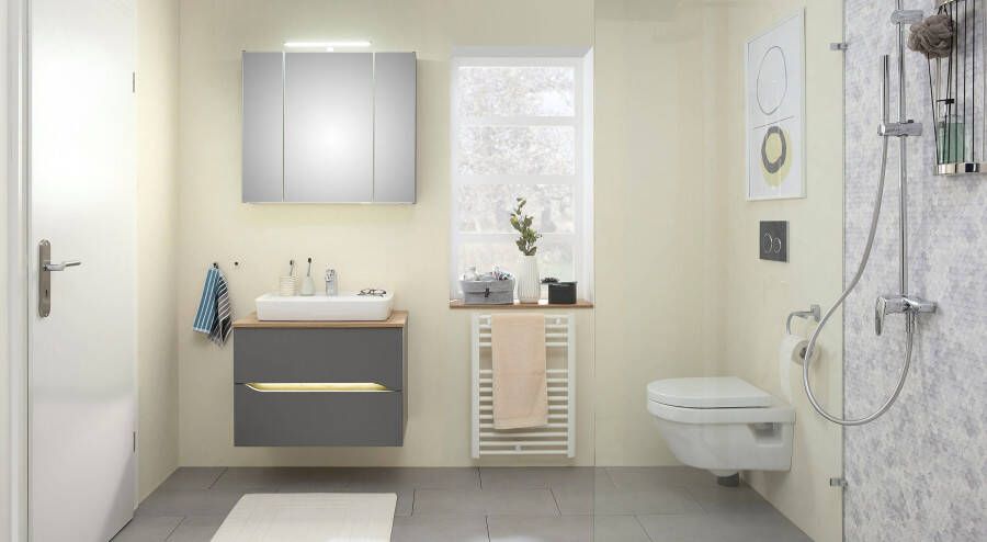 Saphir Badkamerserie Quickset 2-delig keramieken opzetwasbak met led-spiegelkast Wastafel 80 cm breed inclusief deurdemper 3 deuren 2 lades (5-delig) - Foto 11