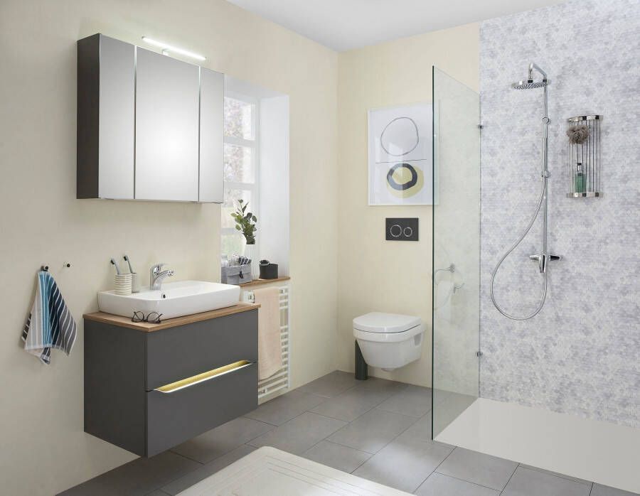 Saphir Badkamerserie Quickset 2-delig keramieken opzetwasbak met led-spiegelkast Wastafel 80 cm breed inclusief deurdemper 3 deuren 2 lades (5-delig) - Foto 8