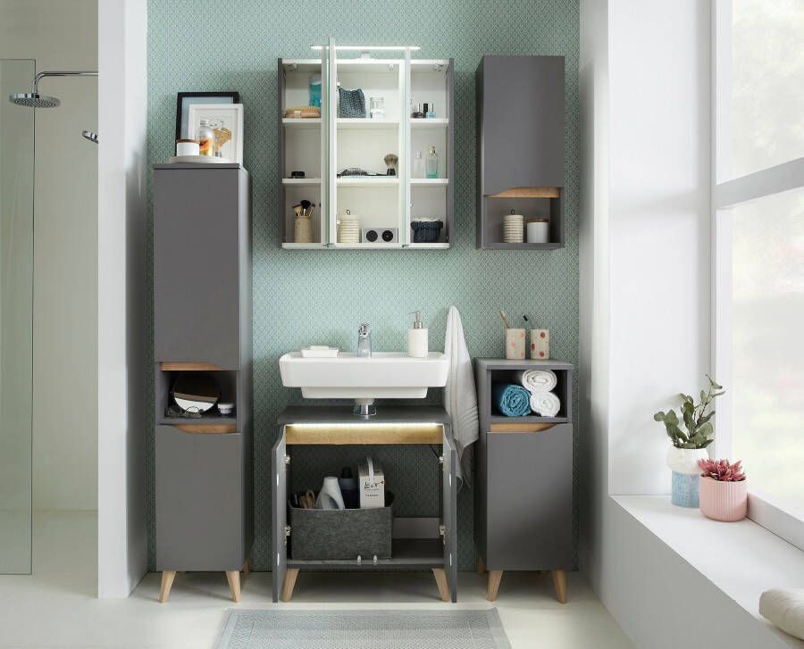 Saphir Badkamerserie Quickset 5-delig wastafelonderkast met led-spiegelkast Halfhoge kast onderkast hangkast incl. deurdemper 9 deuren (6-delig) - Foto 6