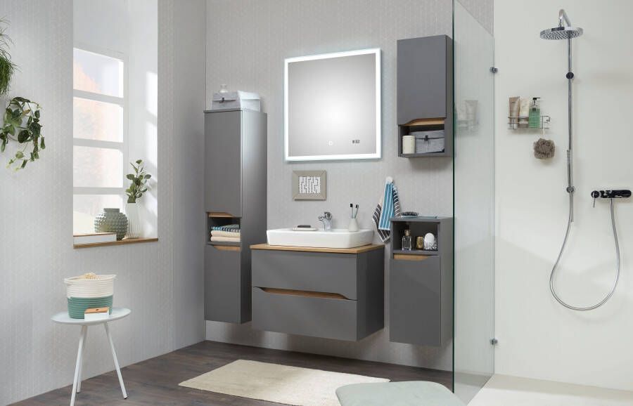 Saphir Badkamerserie Quickset 5-delig keramieken opzetwasbak met led-spiegel Halfhoge kast onderkast hangend kastje inclusief deurdemper 6 deuren (7-delig) - Foto 11