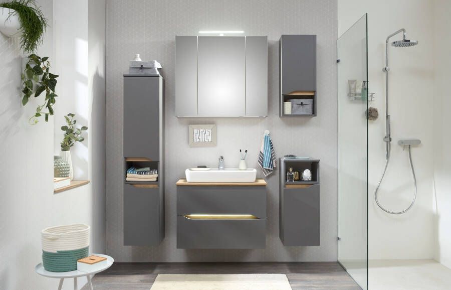 Saphir Badkamerserie Quickset 5-delig keramische opzetwastafel en LED-spiegelkast Halfhoge kast onderkast hangend kastje inclusief deurdemper 7 deuren (8-delig) - Foto 13