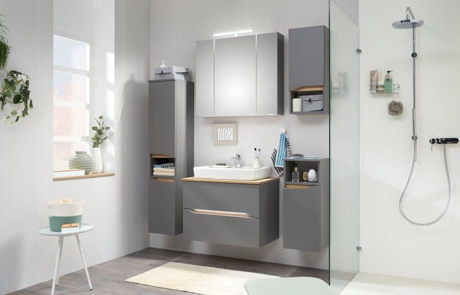 Saphir Badkamerserie Quickset 5-delig keramische opzetwastafel en LED-spiegelkast Halfhoge kast onderkast hangend kastje inclusief deurdemper 7 deuren (8-delig) - Foto 14