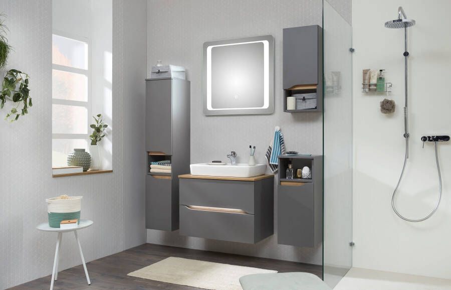 Saphir Badkamerserie Quickset 5-delig keramieken opzetwasbak met led-spiegel Halfhoge kast onderkast hangend kastje inclusief deurdemper 6 deuren (8-delig) - Foto 11