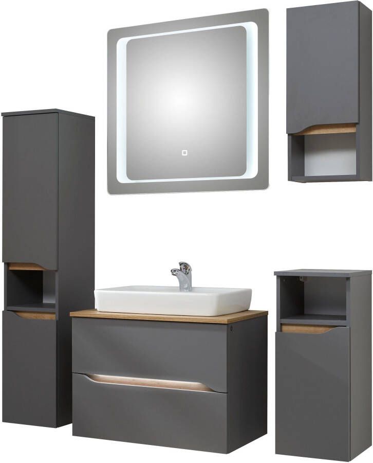 Saphir Badkamerserie Quickset 5-delig keramieken opzetwasbak met led-spiegel Halfhoge kast onderkast hangend kastje inclusief deurdemper 6 deuren (8-delig) - Foto 5