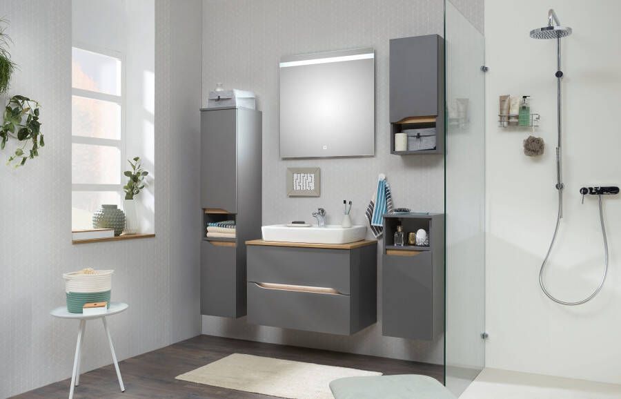 Saphir Badkamerserie Quickset 5-delig keramieken opzetwasbak met led-spiegel Halfhoge kast onderkast hangend kastje inclusief deurdemper 6 deuren (8-delig) - Foto 12