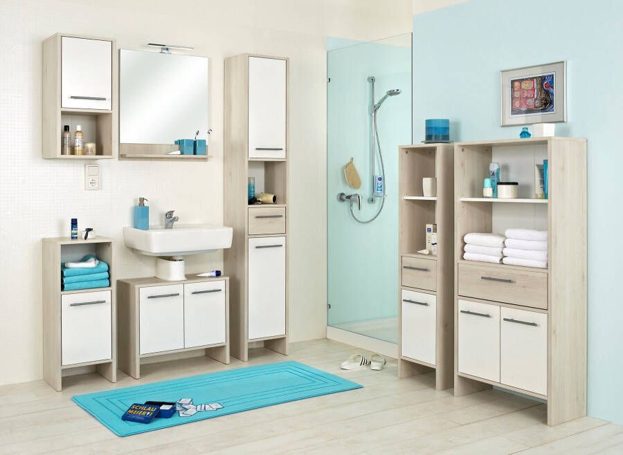 Saphir Hangend kastje Quickset 350 Badkamermeubel 33 cm breed 1 deur 1 nis 1 plank Badkamer-hangend kastje in pine Ida licht met grepen in aluminiumkleur (1 stuk) - Foto 3