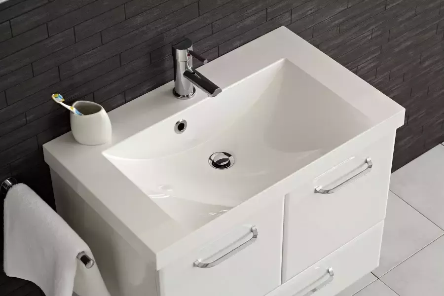 Saphir Wastafelonderkast Quickset mineralenmarmer wastafel met onderkast 74 cm breed Wastafelmeubel grepen glanzend chroom inclusief deurdemper 2 deuren 1 lade - Foto 2