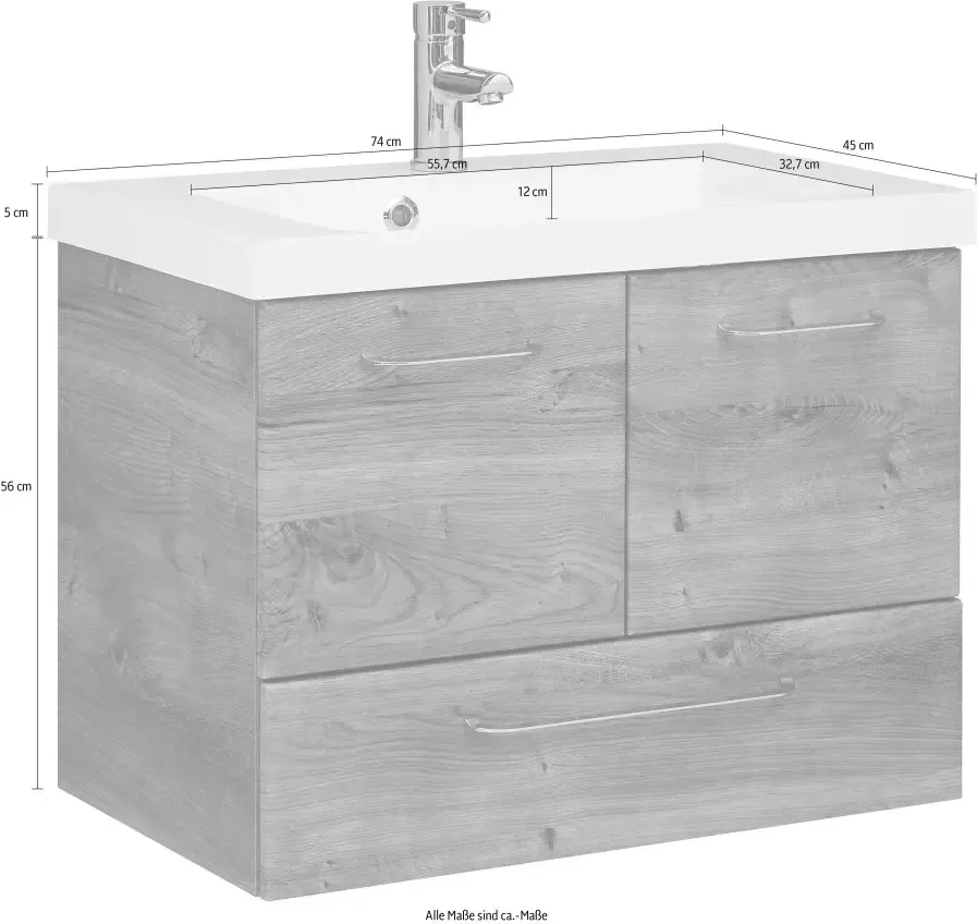Saphir Wastafelonderkast Quickset mineralenmarmer wastafel met onderkast 74 cm breed Wastafelmeubel grepen glanzend chroom inclusief deurdemper 2 deuren 1 lade