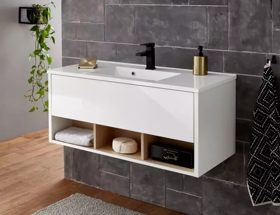 Places of Style Badkamerserie Studio Line bad in modern ontwerp 3-delig badkamer Kast wastafel en spiegel in twee kleuren beschikbaar opbergruimte (3-delig) - Foto 4