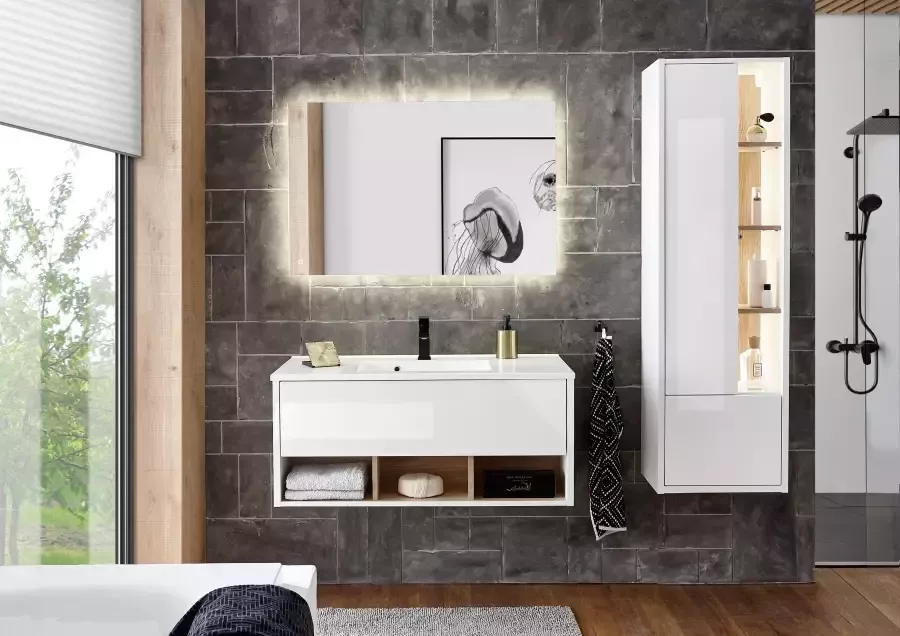 Places of Style Badkamerserie Studio Line bad in modern ontwerp 3-delig badkamer Kast wastafel en spiegel in twee kleuren beschikbaar opbergruimte (3-delig) - Foto 9