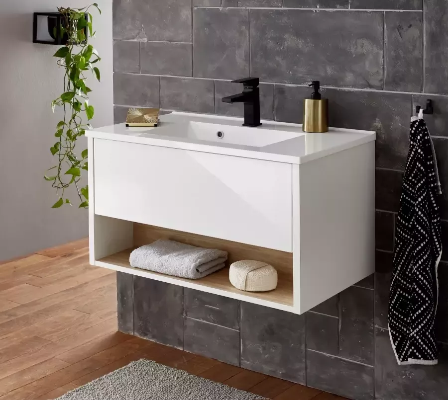 Places of Style Badkamerserie Studio Line bad in modern ontwerp 3-delig badkamer Kast wastafel en spiegel in twee kleuren beschikbaar opbergruimte (3-delig) - Foto 4