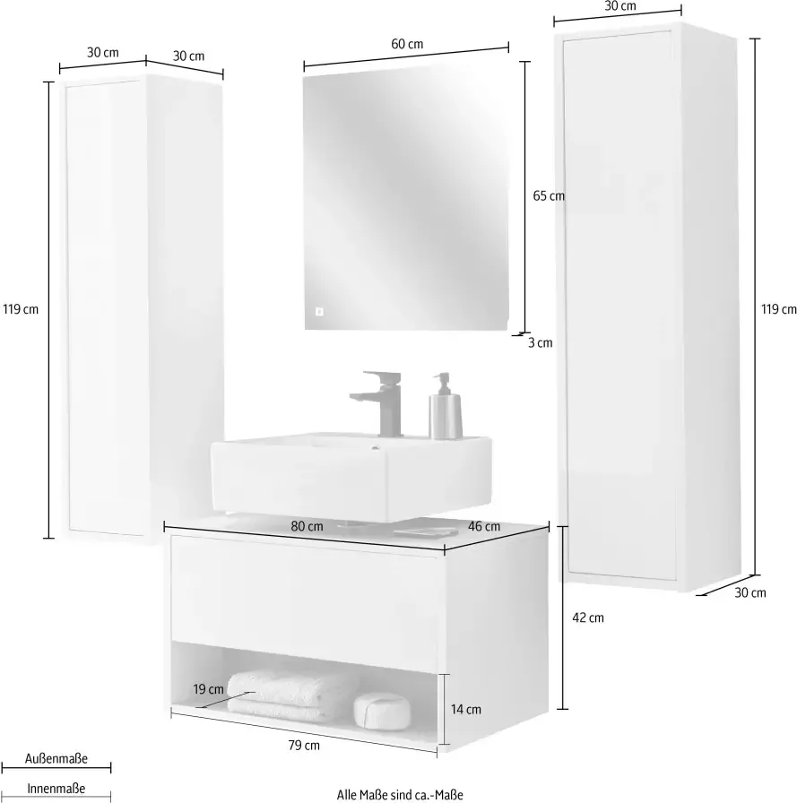 Places of Style Badkamerserie Studio Line bad in modern ontwerp 4-delig badkamer Kast onderkast en spiegel in twee kleuren beschikbaar opbergruimte (4-delig)