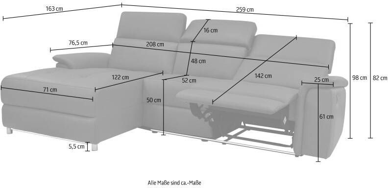 Places of Style Hoekbank Pareli L-Form 259cm m. Recamiere Echtleder Kunstleder Webstoff man. o. elektrische relaxfunctie usb hoofdsteunverstelling en led - Foto 11