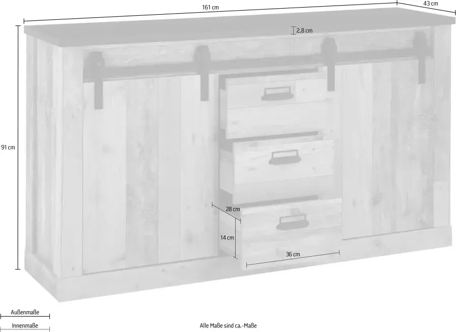 Home affaire Dressoir Sherwood Houtdecor met schuurdeurbeslag en apothekersgrepen breedte 161 cm - Foto 2