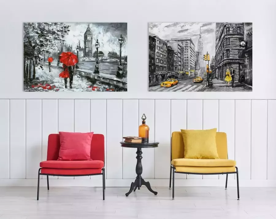 Queence Artprint op linnen New York Wanddecoratie zwart wit getekend Amerika premium canvasstof - Foto 2