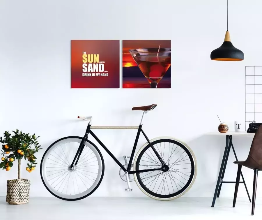 Queence Artprint op linnen Sun Sand & Drink (set)