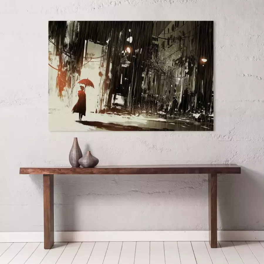 Queence Artprint op linnen Vrouw in de regen Premium canvasstof handgemaakt in Duitsland