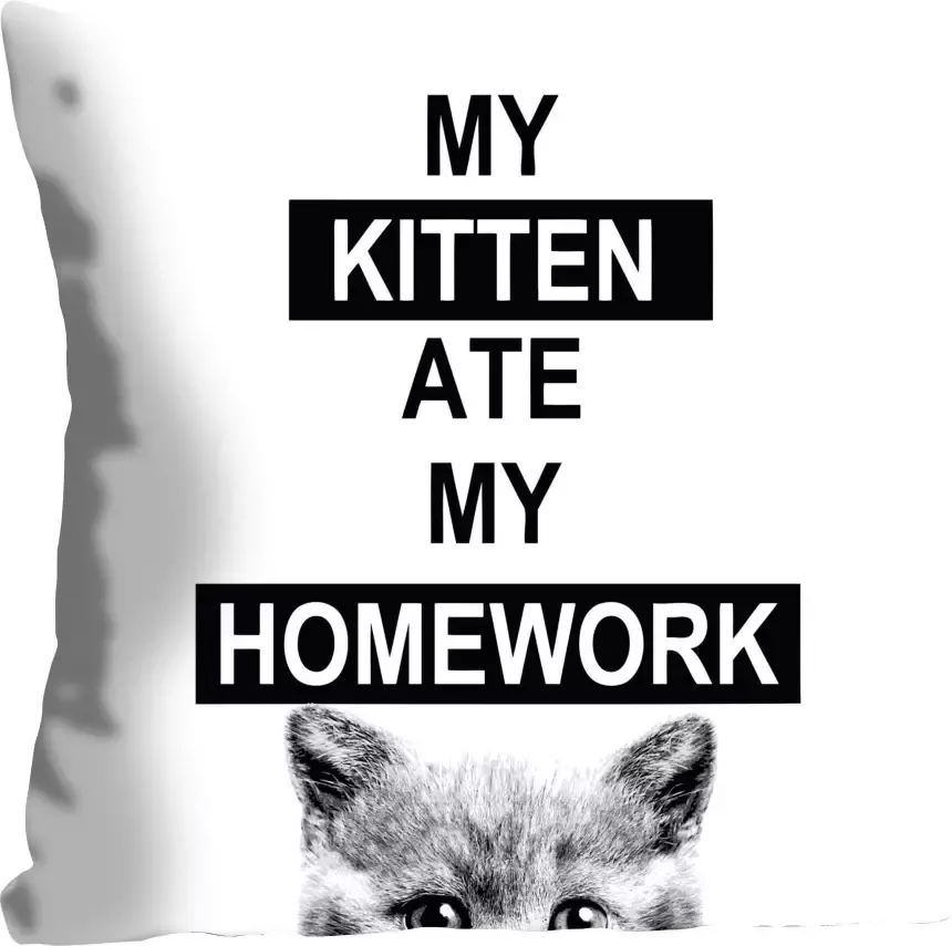 Queence Sierkussen My Kitten ate my Homework met opschrift en katje kussenovertrek zonder vulling(1 stuk) - Foto 2
