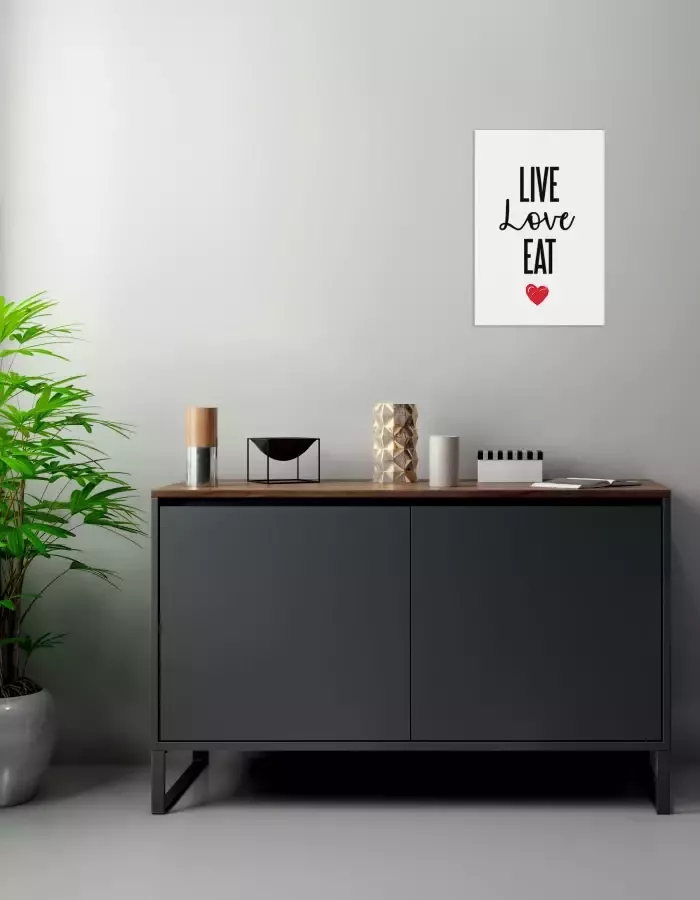 Queence Sierobject voor aan de wand LIVE LOVE EAT Stalen bord blikken bord spreuk grappig wanddecoratie retro 20x30cm