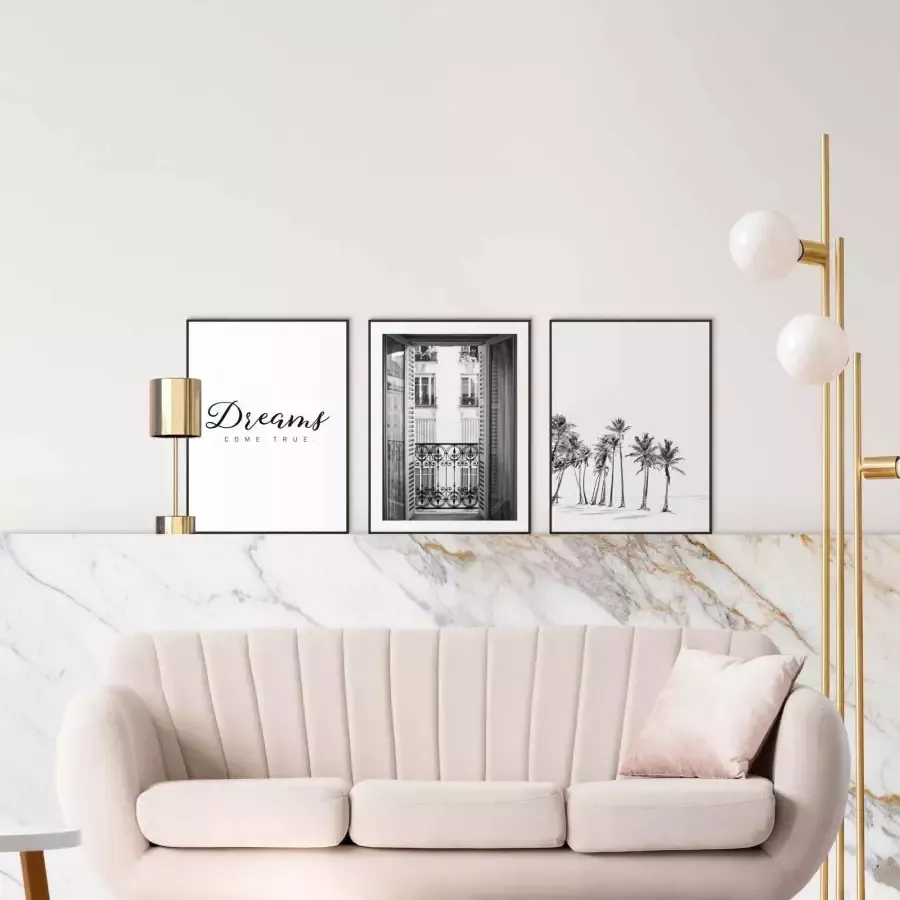 Reinders! Artprint Dreams come True dromen palm strand balkon vintage (3-delig)