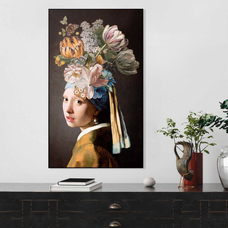 Leen Bakker Schilderij Meisje met de Parel met bloemen multikleur 118x70 cm