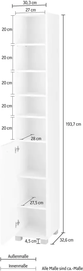 Schildmeyer Hoge kast Mobes Breedte x hoogte: 30 3x193 7 cm deur aan beide kanten te monteren schappen