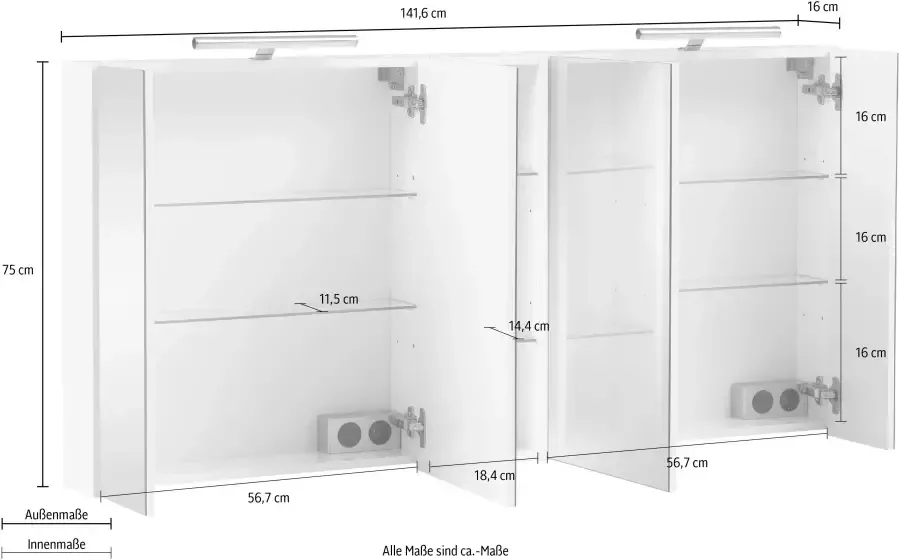 Schildmeyer Spiegelkast Basic Breedte 141 6 cm 4-deurs 2x ledverlichting schakelaar- stekkerdoos