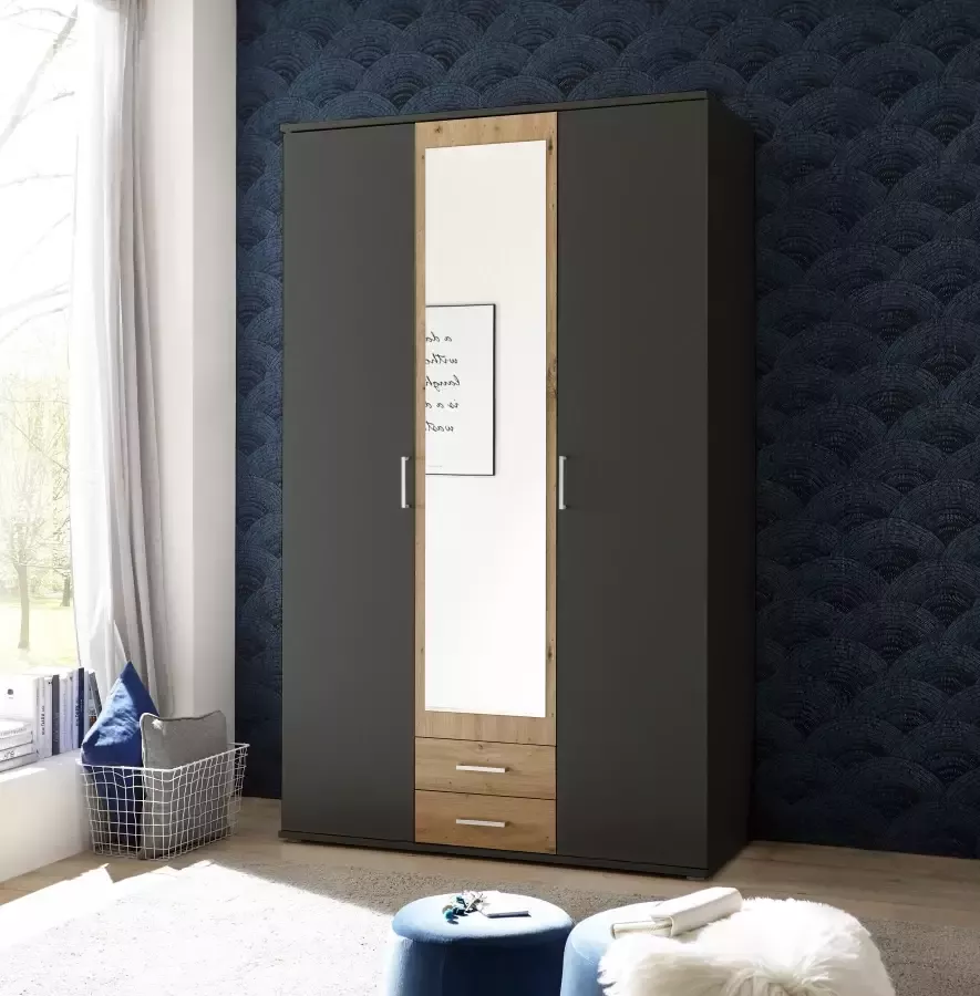 Woonexpress Kledingkast Beugen Grijs 120x196x54 cm (BxHxD) Draaideur Kast Compleet met planken en roede Met spiegel en lades Slaapkamer