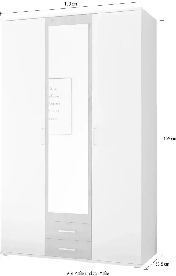 Woonexpress Kledingkast Beugen Grijs 120x196x54 cm (BxHxD) Draaideur Kast Compleet met planken en roede Met spiegel en lades Slaapkamer - Foto 5