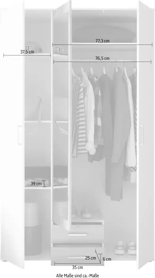 Woonexpress Kledingkast Beugen Grijs 120x196x54 cm (BxHxD) Draaideur Kast Compleet met planken en roede Met spiegel en lades Slaapkamer - Foto 10