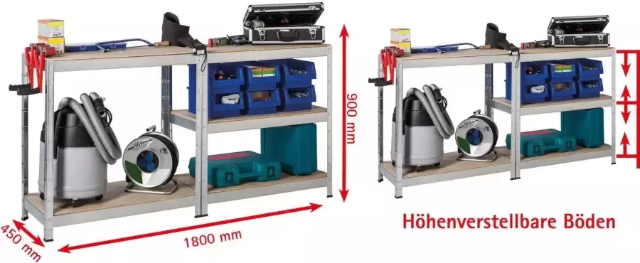 SCHULTE Regalwelt Zwaar belastbare stelling Zwaar belastbare aanbouwstelling Metaal verzinkt 1800x900x450 mm 5 houten planken - Foto 3