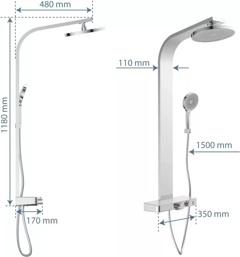 Schütte Douchekolom Samoa Rain Regendouche met thermostaat en glasplaat handdouche met 3 functies