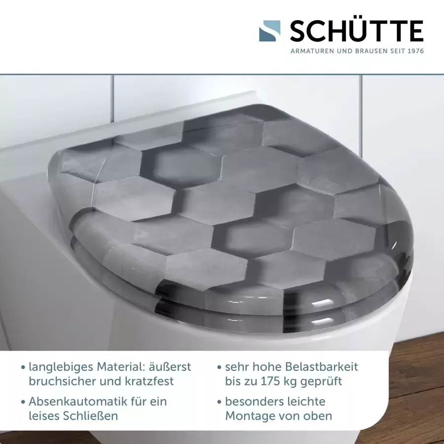 Schütte Toiletzitting Grey Hexagons Duroplast met softclosemechanisme en snelsluiting - Foto 1