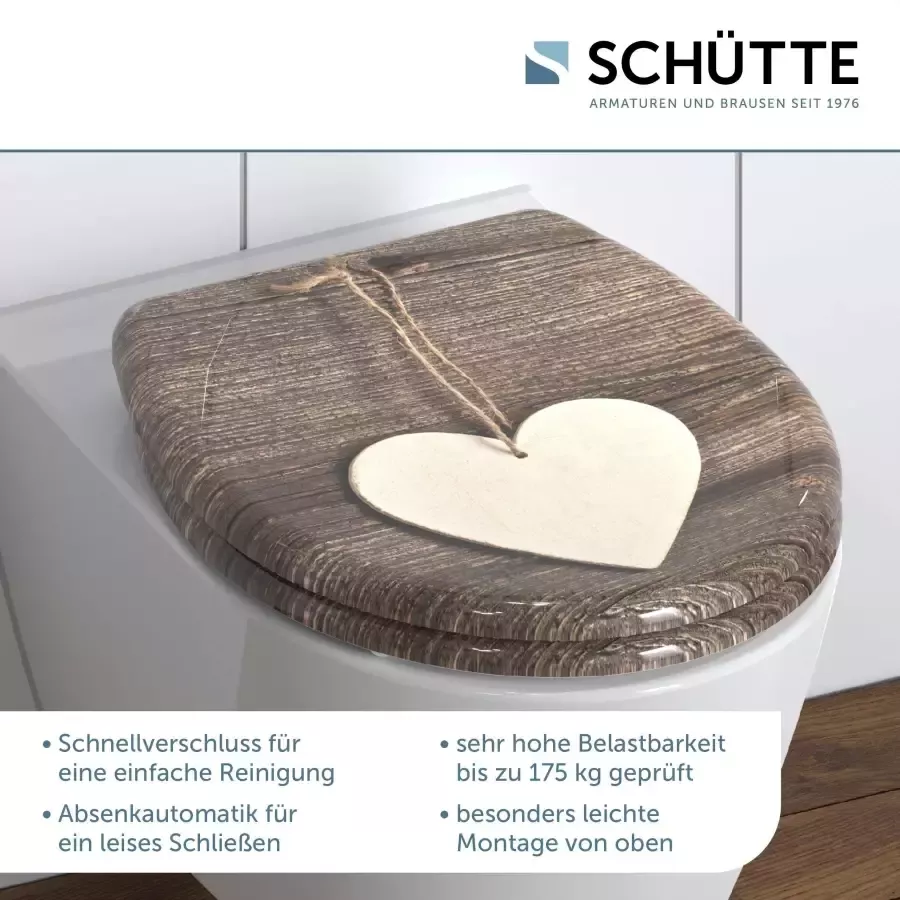 Schütte Toiletzitting Wood Heart Duroplast met softclosemechanisme en snelsluiting