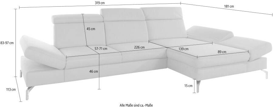 Sit&more Hoekbank Brisbane L-vorm Poothoogte 15 cm inclusief verstelbare zitdiepte armleuningen en hoofdeind - Foto 8