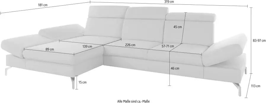 sit&more Hoekbank Poothoogte 15 cm inclusief verstelbare zitdiepte armleuningen en hoofdeind