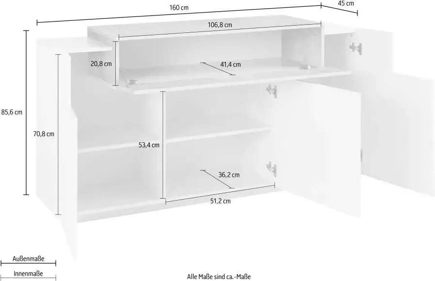 INOSIGN Dressoir Coro Kommode Schrank Kredenz grifflos mit Einlegeböden Breedte ca. 160 cm