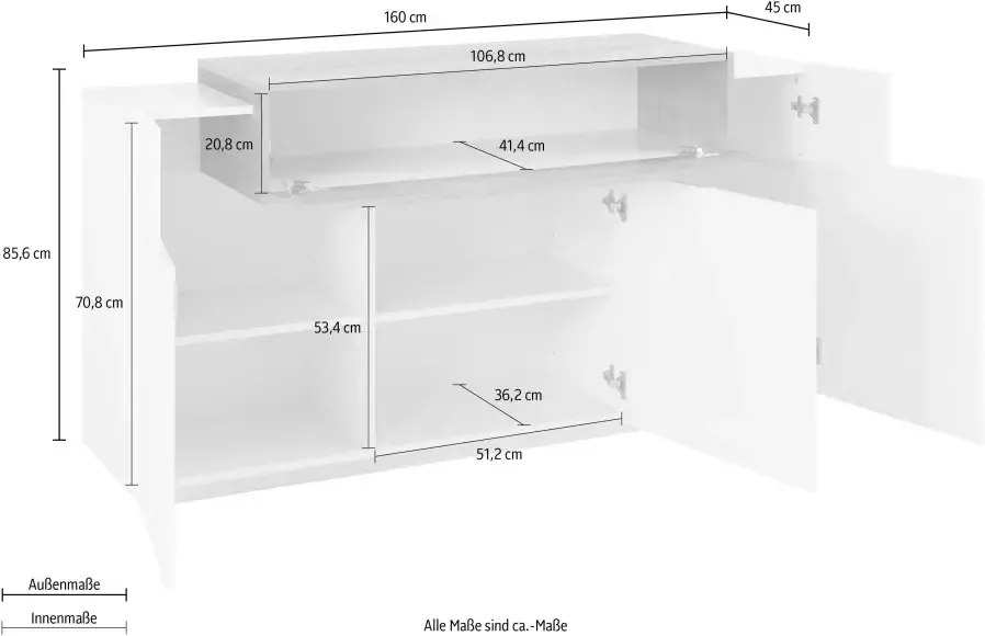 INOSIGN Dressoir Coro Kommode Schrank Kredenz grifflos mit Einlegeböden Breedte ca. 160 cm