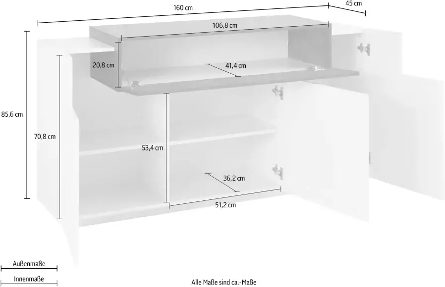 INOSIGN Dressoir Coro Kommode Schrank Kredenz grifflos mit Einlegeböden Breedte ca. 160 cm